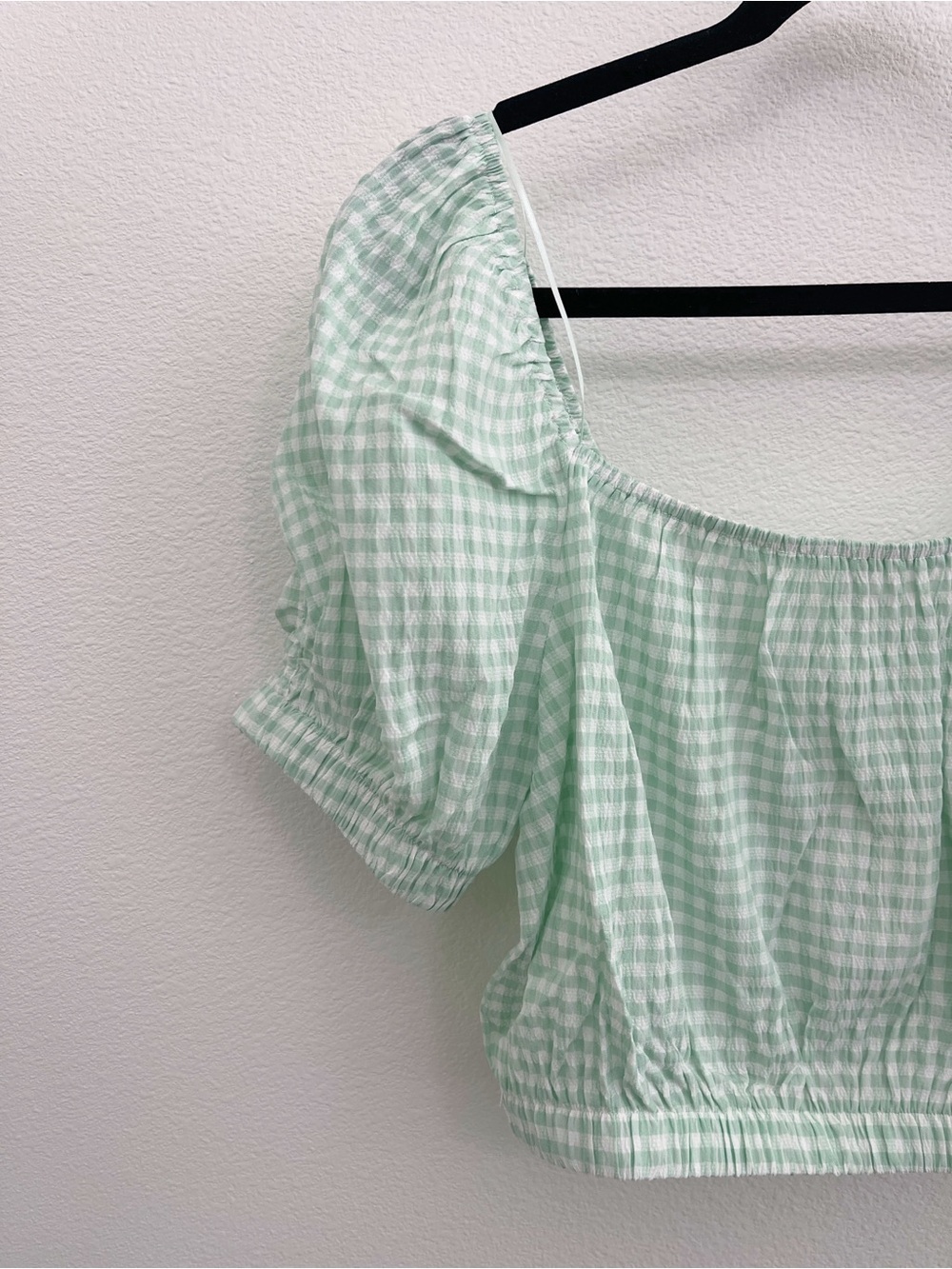 NWT 🏷️ Elodie by Anthropologie Mint Gingham Square-Neck Puff Sleeve Crop Top